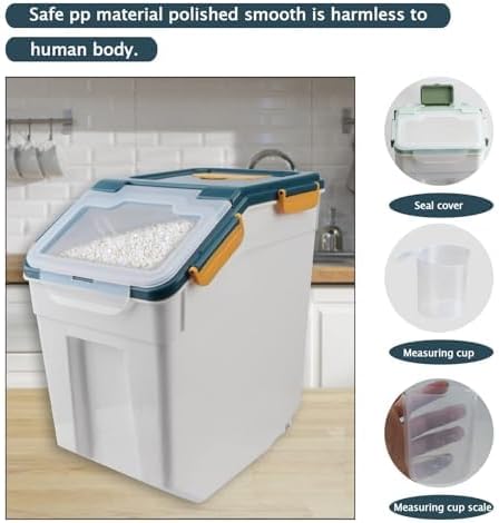 2Pcs Airtight Rice Flour Storage Container 25lbs, Large Pet Food Container Box Plastic Rice Storage Bin with Lid, Grain Cereal Bucket with Spoon Measuring Cup and Wheel (Blue)