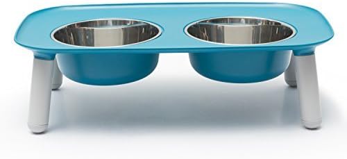 Messy Mutts Elevated Double Feeder with Stainless Bowls | Adjustable Height 3”, 5”, or 10” | Adjustable Standing Feeder for Dogs | 5 Cups per Bowl | Blue