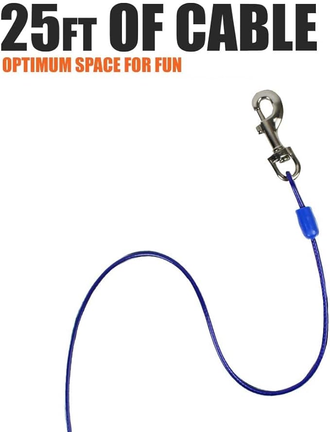 BV Dog Tie Out Cable 25 Feet - Heavy Duty Dog Lead Up to 60 Pounds - Reflective & Rust-Free with Quick Release Swivel Clips & 360° Rotating Clasp - Tangle-Free Dogs Runner for Yard (Blue, Single)