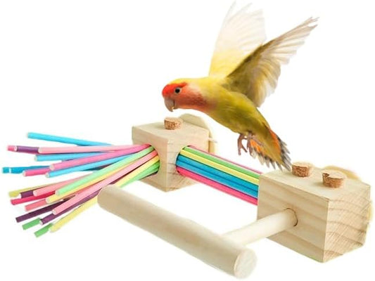 Parrot Cage Toy(4 funcitons) Perch Standing with Pine Wood Foraging Smart Toy Soft Corks for Small to Regular Size Parrot Cockatiel Birds