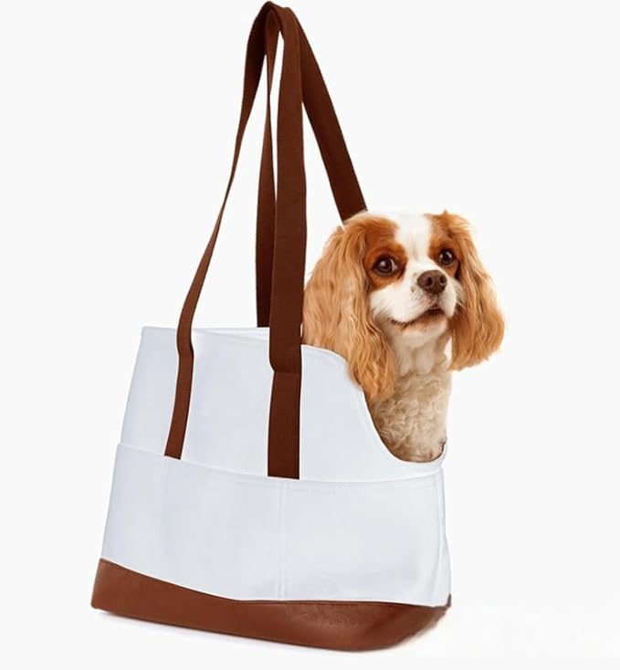 Premium Pet Carrier Tote Bag with Multiple Pockets, Brown/White PU Leather, 18.5L x 7W x 11.5H inches (White)