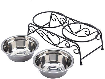 Raised Dog Bowls, Stainless Steel Double Pet Food Feeder Cat Water Dispenser Dish Bowls with Retro Iron Stand for Small or Medium Dogs Cats Puppy