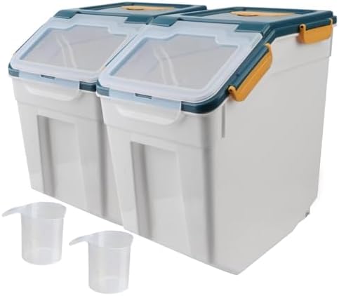 2Pcs Airtight Rice Flour Storage Container 25lbs, Large Pet Food Container Box Plastic Rice Storage Bin with Lid, Grain Cereal Bucket with Spoon Measuring Cup and Wheel (Blue)