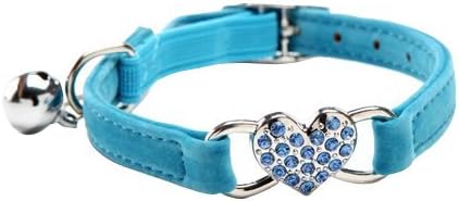 CHUKCHI Pink Soft Velvet Safe Cat Adjustable Collar with Crystal Heart Charm and Bells 8-11 Inches (Blue)
