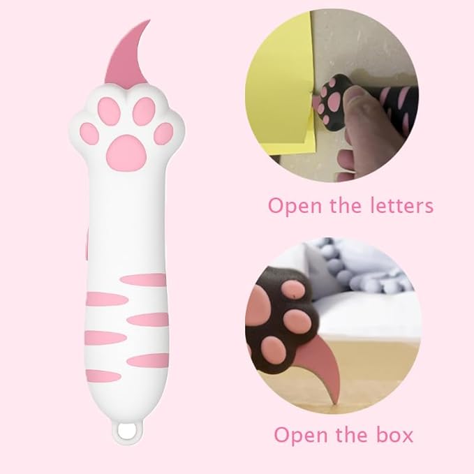 Cat Paw Retractable Box Cutter, 2025 New Cute Cat Claw Knife, Carton Cat Paper Cutter (Pink)