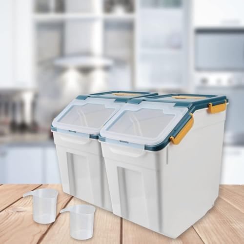 2Pcs Airtight Rice Flour Storage Container 25lbs, Large Pet Food Container Box Plastic Rice Storage Bin with Lid, Grain Cereal Bucket with Spoon Measuring Cup and Wheel (Blue)