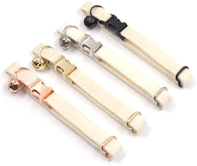 Personalized Cat Collar with Bells,Velvet Customized Small Cat Collar with Name Tag,Pet Collar with Name Phone Number Engraved ID Tags for Boy and Girl Kitten Cats (Cream)