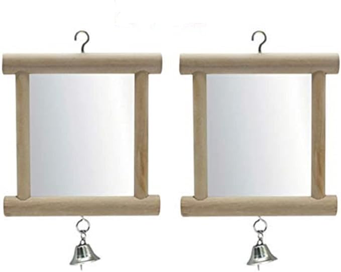 Bird Mirror Wooden Hanging Swing Interactive Play Toys for Small Parrot Budgies Macaw African Grey Parakeet Cockatiel Conure Lovebird Cage Accessories (Bird Mirror with Bell-2 PCS)