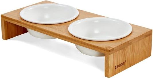 PiuPet® Cat Bowl 8.5 fl oz with Rack, Set of 2 Bowls for Cats and Small Dogs, White Ceramic Cat Bowls for Easy Cleaning with Stylish and Non-Slip Bamboo Frame I Ideal Ergonomic Cat Food Bowl Set