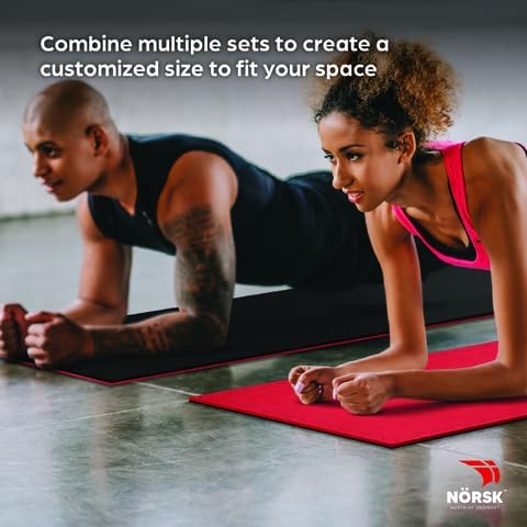 Norsk Reversible Gym Exercise Mats 3/4" Thick EVA Interlocking Foam Tiles, Perfect Home Gym Flooring, 32 Tiles & 64 Trim Pieces, 128 Sq. Ft. Reversible, Red/Black