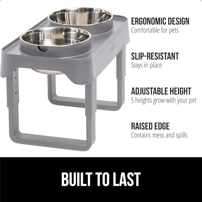 GORILLA GRIP Elevated Dog Bowls Stand, 6 Cup Stainless Steel Food Bowl Set of 2, 5 Height Adjustable Raised Feeding Station for Small Breed Puppy Dogs and Cats, Medium, Large Sized Pets Feeder, Gray