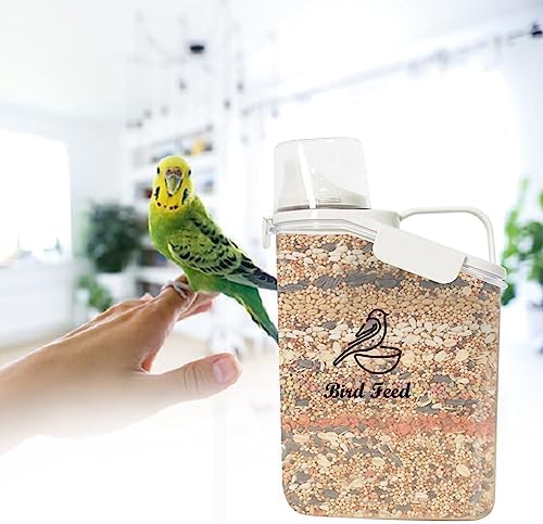 Bird Seed Storage Container,2.8L Airtight Bird Food Container with Handle and Measuring Cup,Portable Pet Food Container for Wild Bird Sunflower Seed-BPA Free Transparent/White