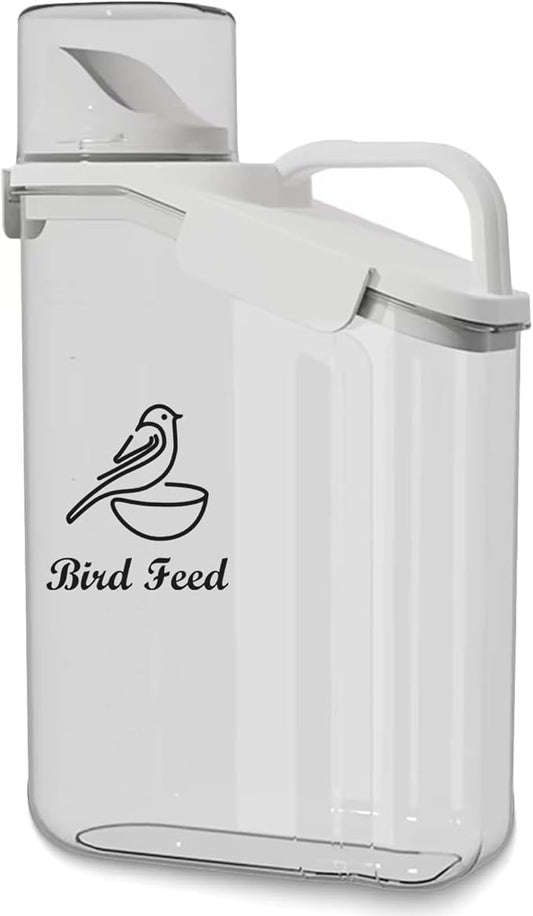 Bird Seed Storage Container Portable-3 Qt/2.8 L Clear Plastic Pet Food Container-with Measuring Cup,Airtight Wild Bird Seed Dispenser for Storing Sunflower Seed|Squirrel proof|BPA Free-White