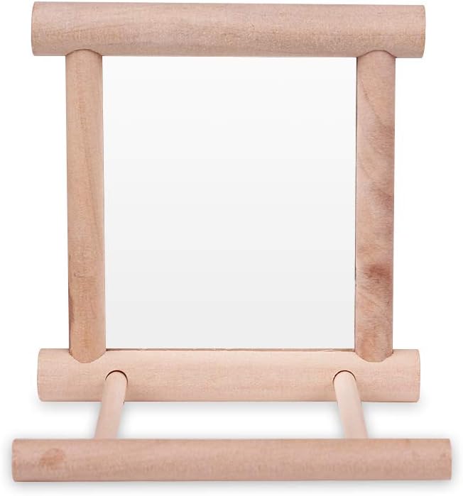 Bird Mirror Toy for Parakeet, Budgie, and Lovebirds - MINI-FACTORY Safe Enrichment Cage Accessory with Natural Wood Perch for Small & Medium Birds