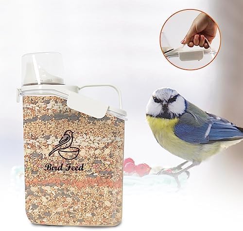 Bird Seed Storage Container,2.8L Airtight Bird Food Container with Handle and Measuring Cup,Portable Pet Food Container for Wild Bird Sunflower Seed-BPA Free Transparent/White