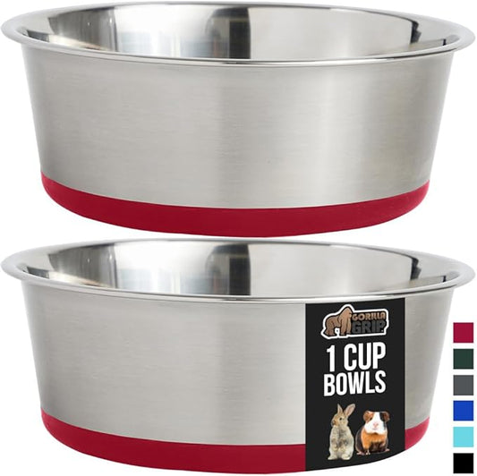 GORILLA GRIP Set of 2 Dog Bowls, Heavy Duty Metal Food and Water Bowl for Feeding Dogs and Cats, Dishwasher Safe, Rust Resistant Stainless Steel, BPA Free Rubber Base, Holds 1 Cup (8 fl oz), Red
