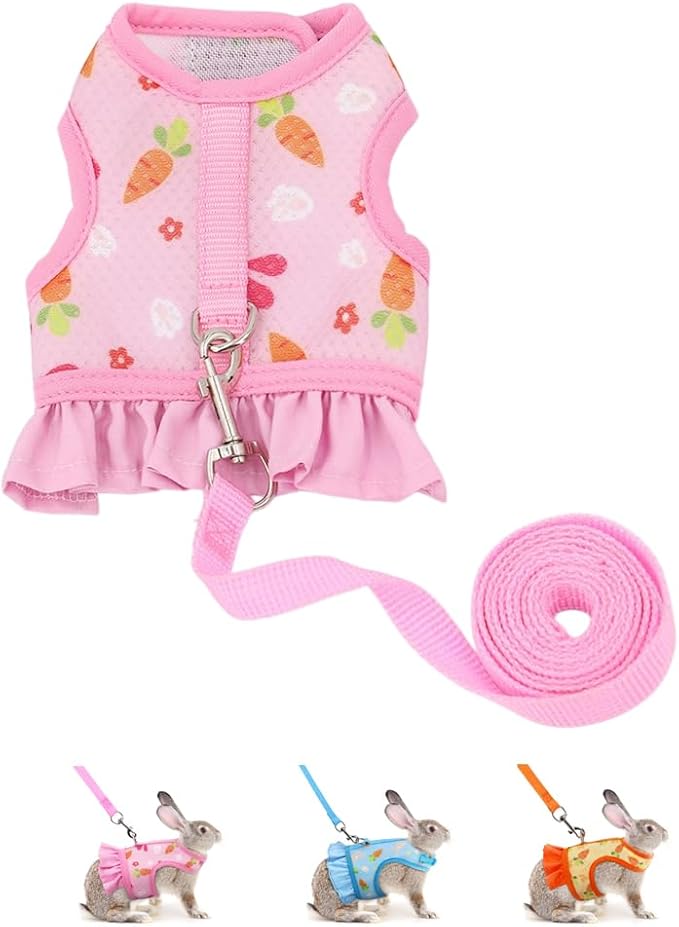 Rabbit Harness and Leash Set,Proof Walking Escape Cute Floral Mesh Vest Breathable Rabbit Costumes for Bunny, Hiking, Training for Ferret Kitten Puppy Small Animals Pink S