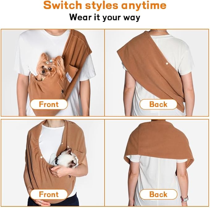 Dog Sling Carrier for Cats and Small Dogs – Hands Free Pet Sling with Adjustable Safety Strap & Buckle, Soft Cat Sling Carrier for Snuggling, Portable Dog Carrier Sling (Large, Khaki)