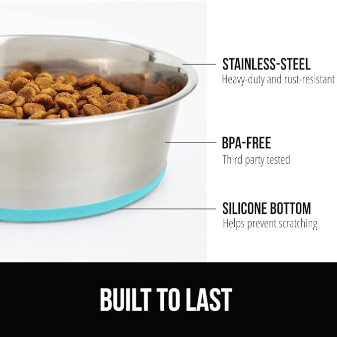 GORILLA GRIP Stainless Steel Metal Dog Bowl, Rubber Base, Heavy Duty Feeding Dish, Food Grade BPA Free, Less Sliding on Floors, Quiet Pet Bowl for Cats and Dogs, Holds 8 Cups (64 fl oz), Turquoise