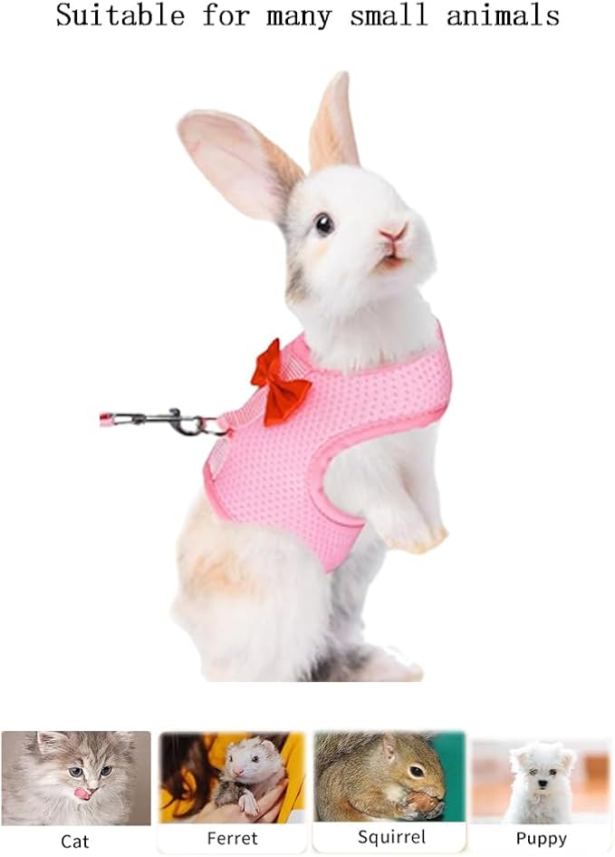 Bunny Harness and Leash Set for Walking Escape Proof,Mesh Breathable Adjustable Rabbit Leash Camping Hiking Training for Bunny Ferret Kitten Puppy Pink M (Chest:9.4-11.8")