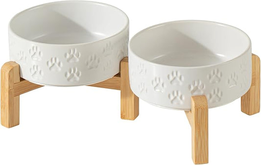 Elevated Ceramic Dog Bowl Set, 5.1" Dog Bowls with Dual Fixed Heights Stand, Elevated Food & Water Bowls for Adult Cats, Small-Breed Puppies, Non-Slip (Double Bowls + Stand - White, 5.1 inch)