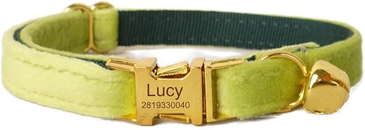 Cat Collar Personalized with Name Engraved and Bell, Customized Velvet Collars for Puppy Kittens (Moss Green, L)