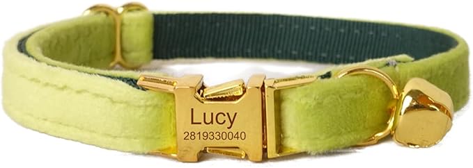 Cat Collar Personalized with Name Engraved and Bell, Customized Velvet Collars for Puppy Kittens (Moss Green, S)