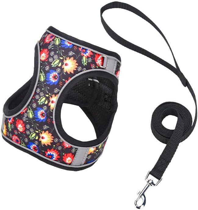 Step in Dog Harness No Pull Flower Adjustable Soft Mesh Padded Reflective Pet Vest Harness and Leash Set for Small Medium Dogs