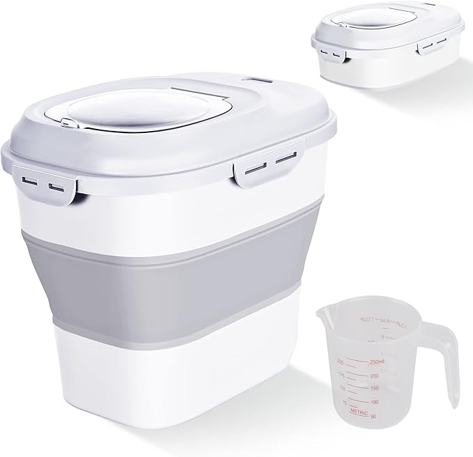 Cereal Rice Food Storage Containers, Collapsible 20 to 50 Lbs Dispenser Bin with Rolling Wheel Airtight Locking Lid, Dog Pet Cat Flour Sugar Plastic Leakproof Sealable Large Kitchen Pantry Holder