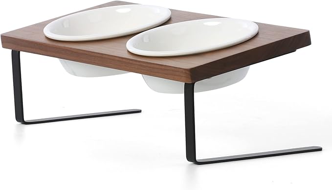 FUKUMARU Elevated Cat Ceramic Bowls, Small Dog 15° Tilted Raised Food Feeding Dishes, Solid Walnut Water Stand Feeder Set for Cats and Puppy