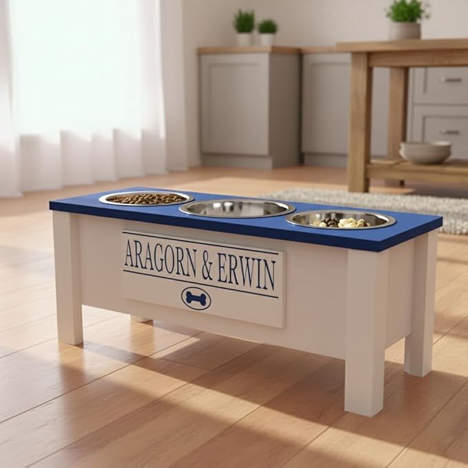 GrooveThis Woodshop - Personalized Elevated Triple Dog Bowl Stand for Large, Medium, Small, X-Small Dogs - 3 Stainless Steel Food and Water Bowls - Raised Dog Dish with Internal Storage (Large, Blue)