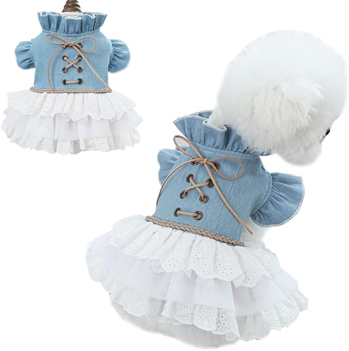 Girl Dog Denim Dress with Flared Sleeves Dog Jeans Jacket Blue White Puppy Clothes for Small Dogs Cat Apparel Cake Skirt Pet Outfit (Blue, Small)