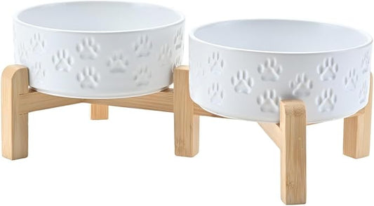 SPUNKYJUNKY Elevated Dog Bowls Ceramic, 5.1'' Dogs and Cat Food Water Bowls Raised with Non-Slip Bamboo Stand for Puppy Small Sized Breed Microwave Dishwasher Safe - 13.5 OZ,Paw White