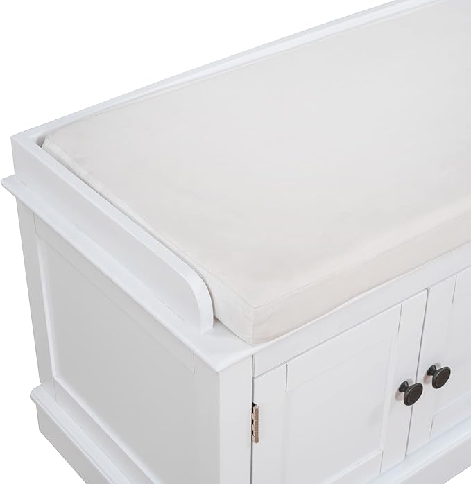 Storage Bench with 4 Doors and Adjustable Shelves, Shoe Bench with Removable Cushion for Living Room, Entryway 42.7" L x 16" W x 17.4" H (White)