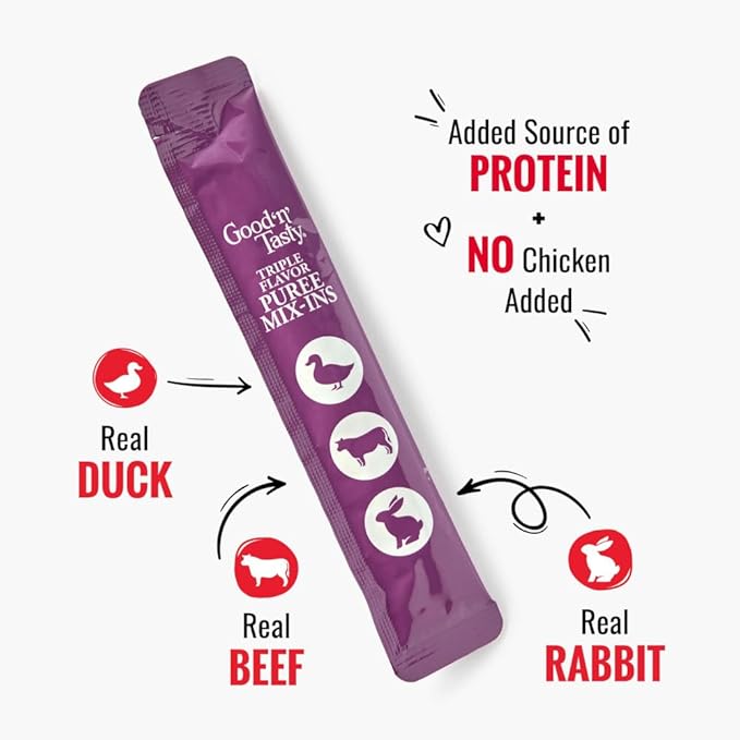 Good 'n' Tasty Triple Flavor Puree Mix-Ins Dog Food Topper Treats for All Dogs, 7 Count, Easy Single-Serve Portions, Added Protein with Duck, Beef and Rabbit, No Chicken Added