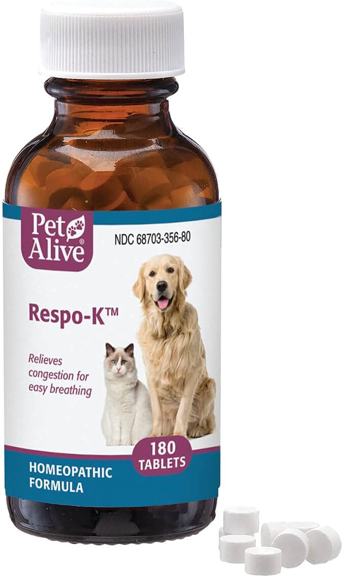 PetAlive Respo-K Tablets - Natural Homeopathic Formula for Pet Respiratory and Cold Symptoms - Reduces Sneezing, Coughing Watery Eyes, Runny Nose and Congestion in Dogs and Cats - 180 Tablets