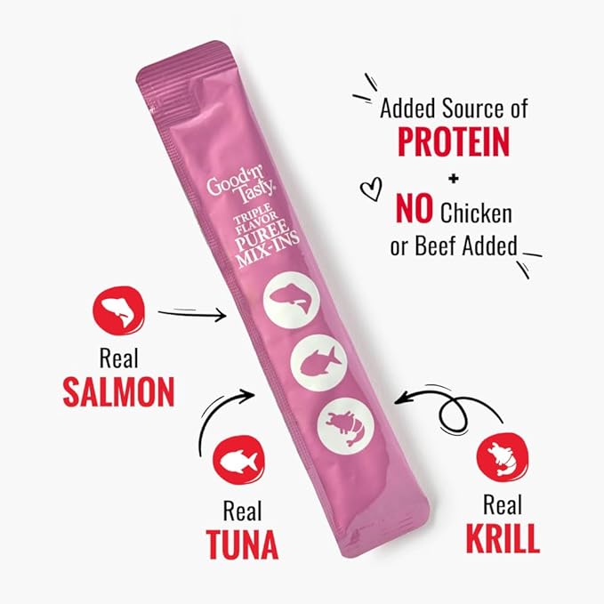 Good 'n' Tasty Triple Flavor Puree Mix-Ins Dog Food Topper Treats for All Dogs, 7 Count, Easy Single-Serve Portions, Added Protein with Salmon, Tuna and Krill, No Chicken or Beef Added