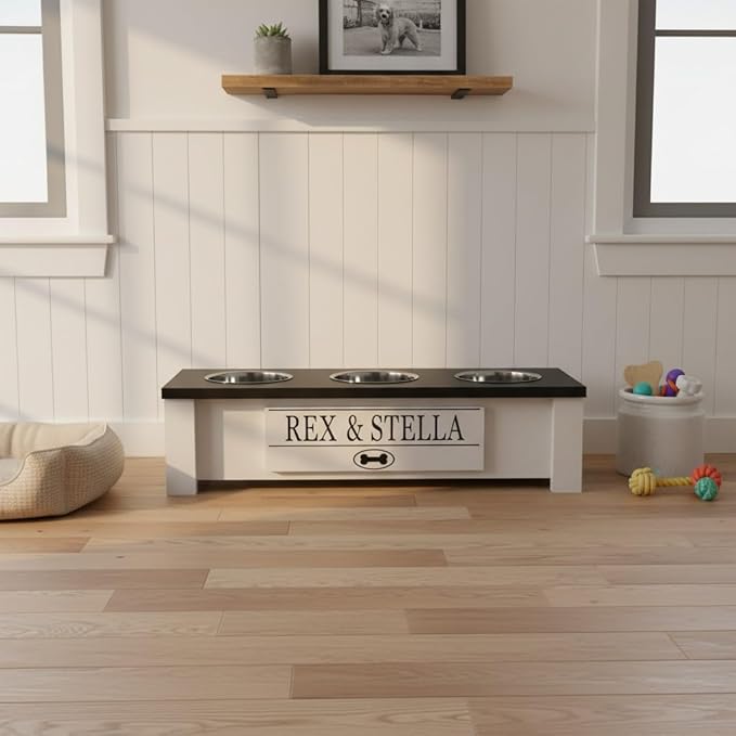 GrooveThis Woodshop - Personalized Elevated Triple Dog Bowl Stand for Large, Medium, Small, X-Small Dogs - 3 Stainless Steel Food and Water Bowls - Raised Dog Dish with Internal Storage (Small, Black)