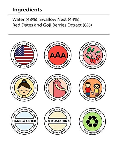 Golden Nest Premium Bird Nest Soup, Swallow Bird Nest 100% Natural - Made in USA, (燕窩) 6 bottles x 75ml (2.5 oz.) (1 box = 6 bottles x 75ml, Red Dates & Goji Berries)