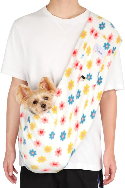Dog Sling Carrier for Cats and Small Dogs – Hands Free Pet Sling with Adjustable Safety Strap & Buckle, Soft Cat Sling Carrier for Snuggling, Portable Dog Carrier Sling (Large, Daisy)