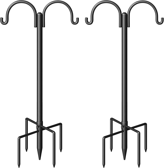 Double Shepherds Hooks for Outdoor, Heavy Duty Bird Feeder Pole with 5-Prong Base - Rust-Proof, Adjustable Bird Feeder Hanger for Garden, Wedding Decor & Hanging Plants