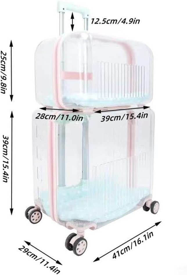 Rolling Pet Trolley Case, Portable Hard Shell Pet Carrier, Clear Plastic Cat Travel Box, Suitable for Cats and Dogs(Pink,11.4 * 16.1 * 25.2in)