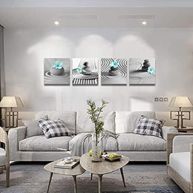 Yxbhhym Gray Wall Art Zen Wall Art Teal Floral Paintings Black and White Decor Zen Stone Sand Pebble Canvas Flower Artwork for Wall Home Decoration Bathroom Wall Decor 12''x12''x4pcs