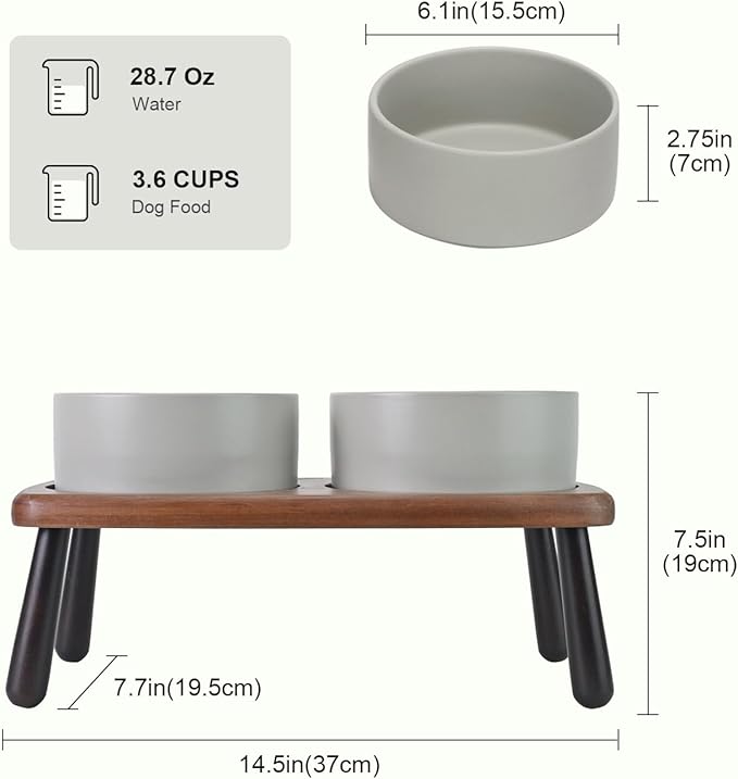SPUNKYJUNKY Ceramic Elevated Dog Bowls Raised with Acacia Bamboo Wooden Stand, 6.1'' Dog and Cat Food Water Bowls Set Non-Slip for Small Medium Sized Breed Microwave Dishwasher Safe - 28.7 OZ,Grey