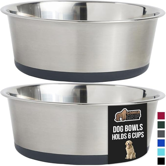 GORILLA GRIP Set of 2 Dog Bowls, Holds 6 Cups (48 fl oz), Heavy Duty Metal Food and Water Bowl for Feeding Dogs and Cats, Dishwasher Safe, Rust Resistant Stainless Steel, BPA Free Rubber Base, Gray