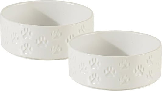Ceramic Dog Bowl Set, 6.1" Dog Bowls with Anti-Slip Rings for Small Breed Dogs, 3.5 Cup Food and Water Bowls, Pet Dishes for Small-Sized Dogs, Microwave Safe (Double Bowls - White, 6 inch)