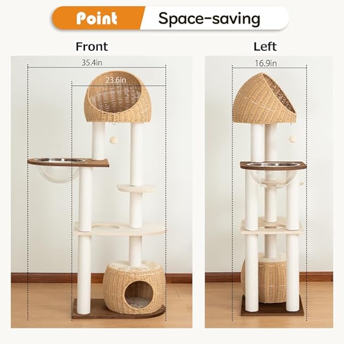Wood Cat Tree 60'' with Woven Beds, 5-Level Natural Cat Condo with Sisal Posts & Clear Bubble Lounge, Multi-Level C at Furniture for Indoor Pets, Easy to Assemble (Brown-Particle Board)