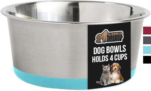 GORILLA GRIP Stainless Steel Metal Dog Bowl, Rubber Base, Heavy Duty Feeding Dish, Food Grade BPA Free, Less Sliding on Floors, Quiet Pet Bowl for Cats and Dogs, Holds 4 Cups (32 fl oz), Turquoise