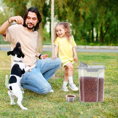 10-20Lbs Portable Cat Dog Food Storage Container with Upgraded Large Spout and Cup Dispenser for Small Large Animal Kibble, Pet Bird snack, Oatmeal, Rice, Flour, Brown Sugar-3 Pack Purple Gray Green
