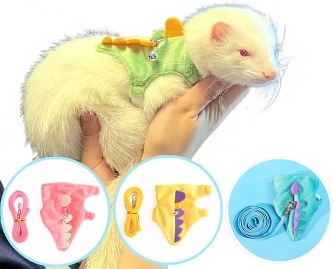 Ferret Leash and Harness Set, Dinosaur Design Small Animal Harness with Leash, Adjustable & Escape-Proof, Soft Plush Comfort for Rabbits, Kitten, Bunny, Hedgehog (Yellow)